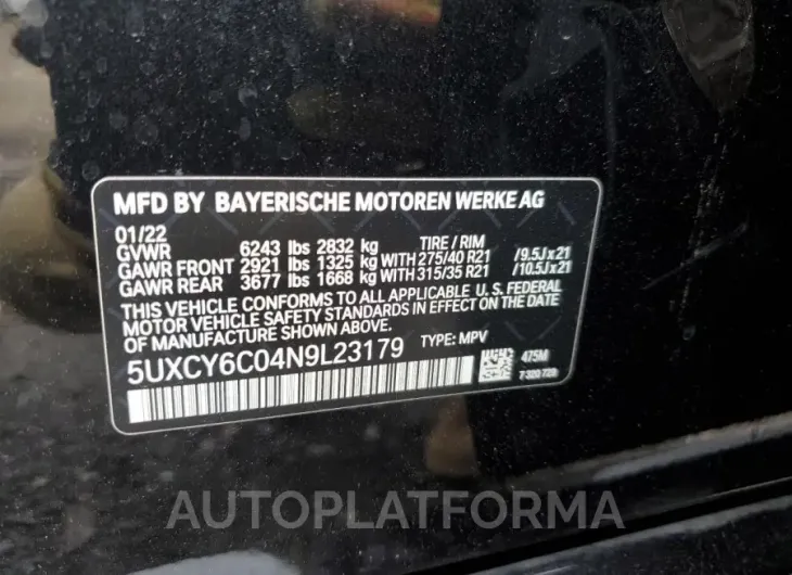 BMW X6 XDRIVE4 2022 vin 5UXCY6C04N9L23179 from auto auction Copart