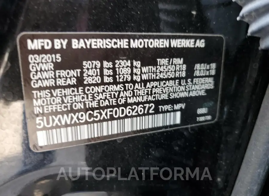 BMW X3 XDRIVE2 2015 vin 5UXWX9C5XF0D62672 from auto auction Copart