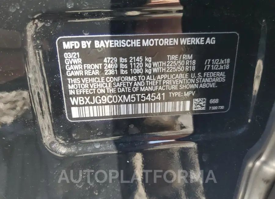 BMW X1 XDRIVE2 2021 vin WBXJG9C0XM5T54541 from auto auction Copart