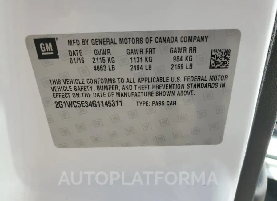 CHEVROLET IMPALA LIM 2016 vin 2G1WC5E34G1145311 from auto auction Copart