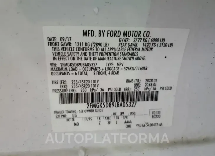 FORD FLEX LIMIT 2018 vin 2FMGK5D89JBA05327 from auto auction Copart