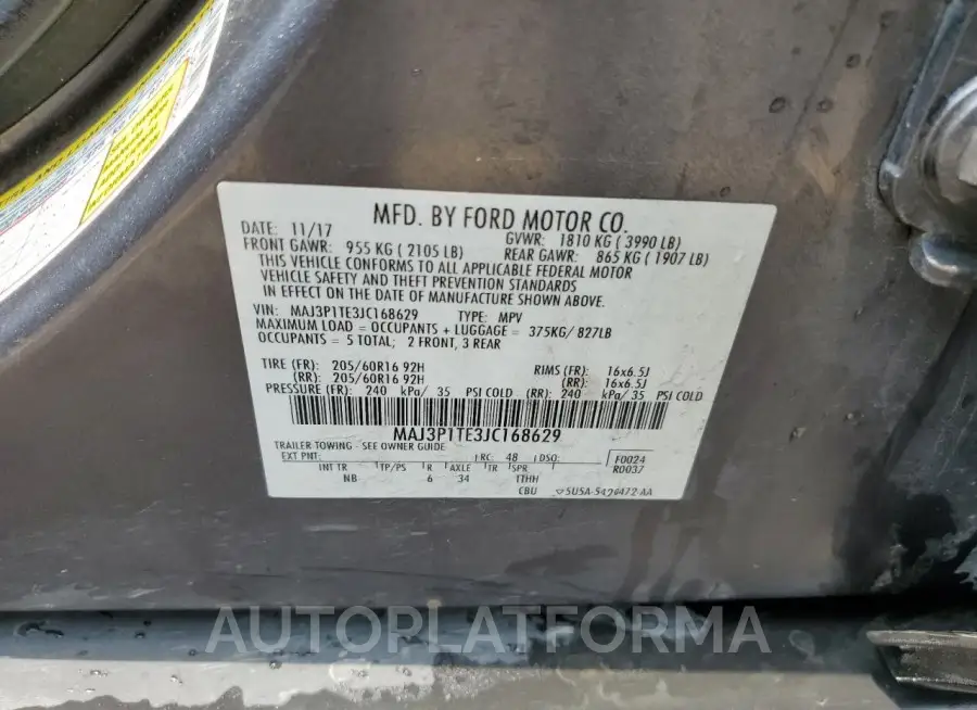 FORD ECOSPORT S 2018 vin MAJ3P1TE3JC168629 from auto auction Copart