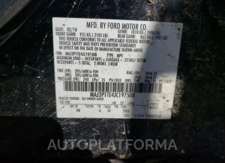 FORD ECOSPORT S 2018 vin MAJ3P1TE4JC197508 from auto auction Copart