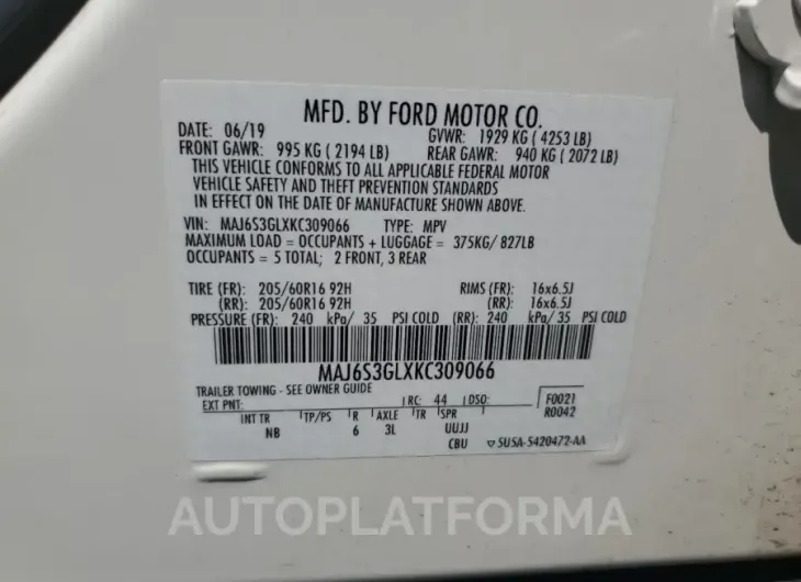 FORD ECOSPORT S 2019 vin MAJ6S3GLXKC309066 from auto auction Copart