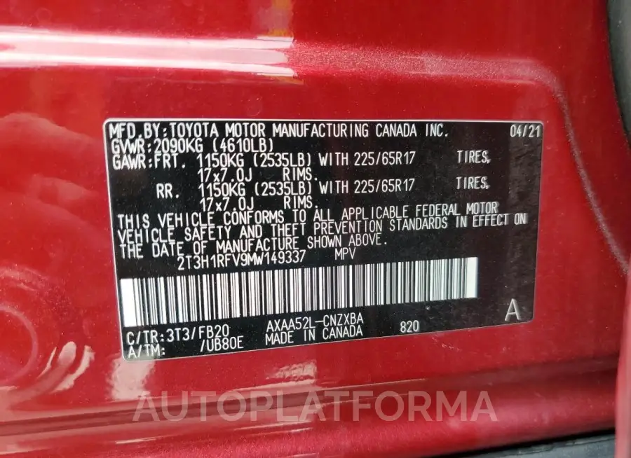 TOYOTA RAV4 LE 2021 vin 2T3H1RFV9MW149337 from auto auction Copart