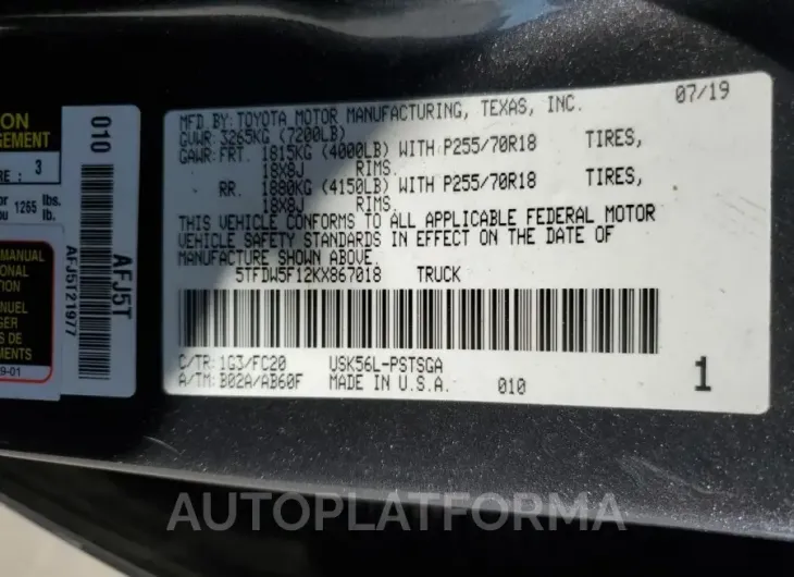 TOYOTA TUNDRA CRE 2019 vin 5TFDW5F12KX867018 from auto auction Copart