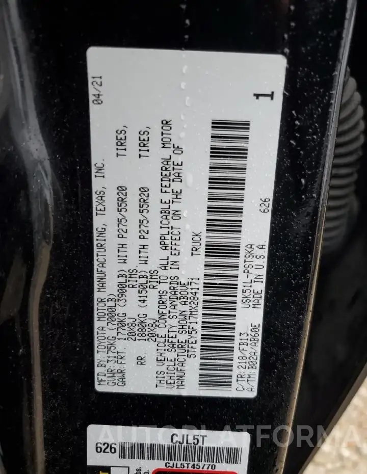 TOYOTA TUNDRA CRE 2021 vin 5TFEY5F17MX284171 from auto auction Copart