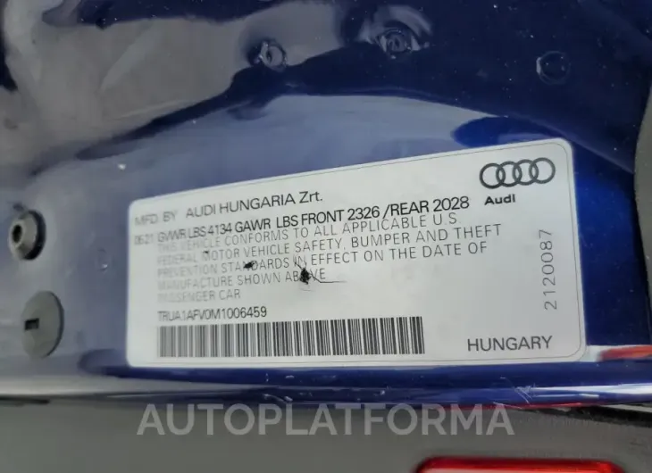 AUDI TTS 2021 vin TRUA1AFV0M1006459 from auto auction Copart