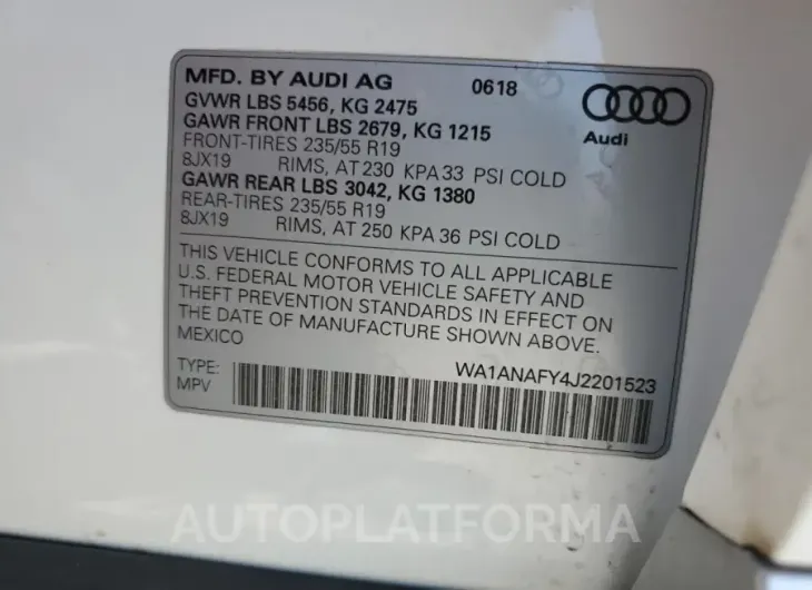 AUDI Q5 PREMIUM 2018 vin WA1ANAFY4J2201523 from auto auction Copart