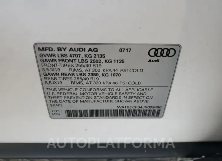 AUDI Q3 PREMIUM 2018 vin WA1BCCFS4JR009480 from auto auction Copart