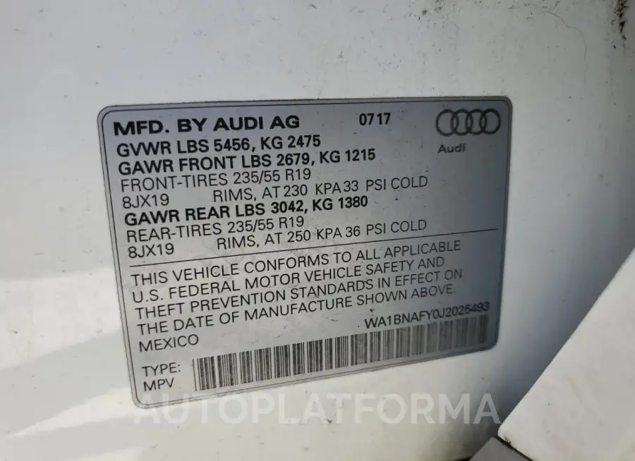 AUDI Q5 PREMIUM 2018 vin WA1BNAFY0J2025493 from auto auction Copart