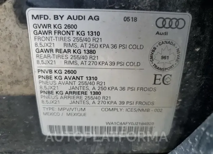 AUDI SQ5 PRESTI 2018 vin WA1C4AFY0J2184926 from auto auction Copart