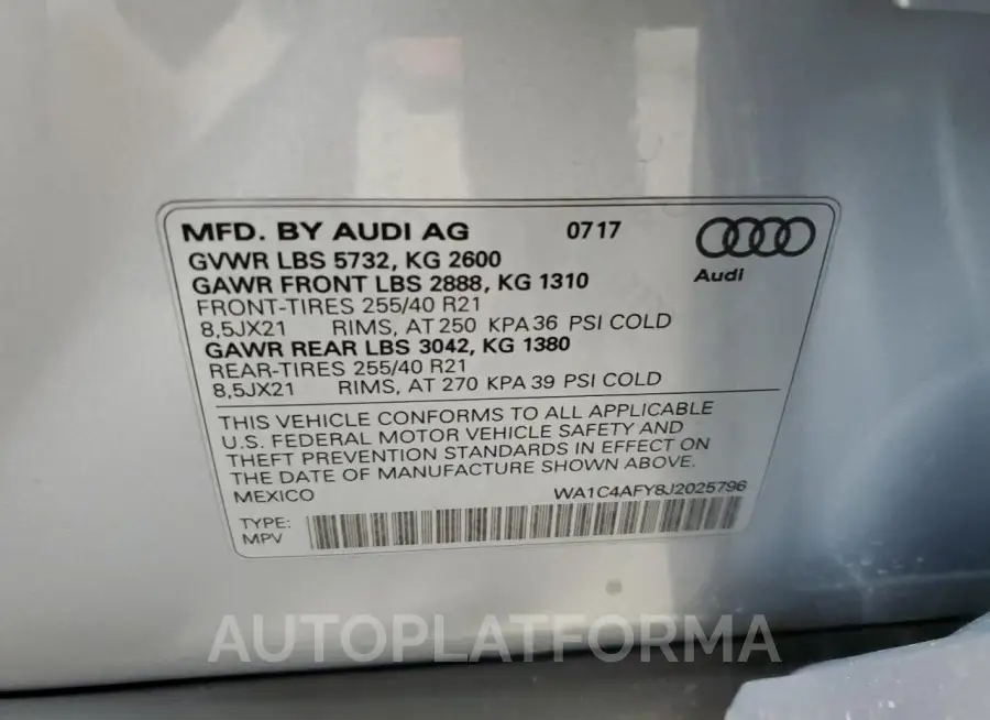 AUDI SQ5 PRESTI 2018 vin WA1C4AFY8J2025796 from auto auction Copart