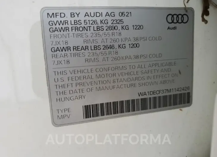 AUDI Q3 PREMIUM 2021 vin WA1DECF37M1142426 from auto auction Copart