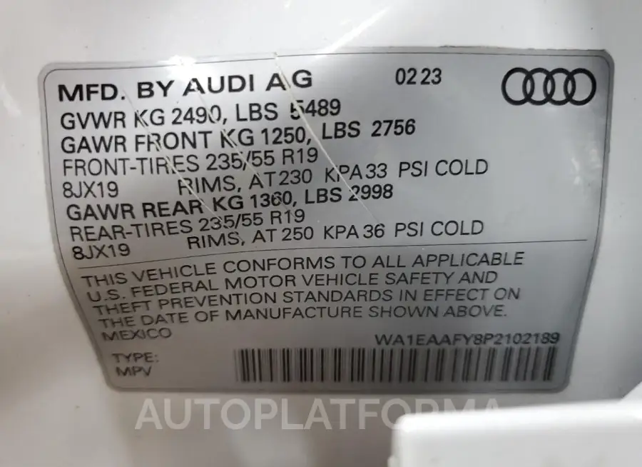 AUDI Q5 PREMIUM 2023 vin WA1EAAFY8P2102189 from auto auction Copart