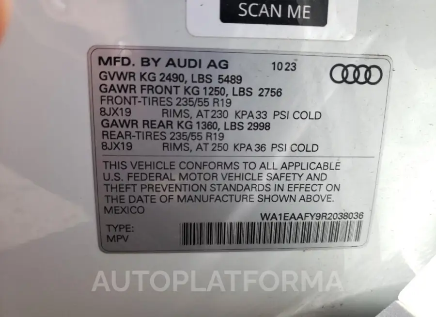 AUDI Q5 PREMIUM 2024 vin WA1EAAFY9R2038036 from auto auction Copart