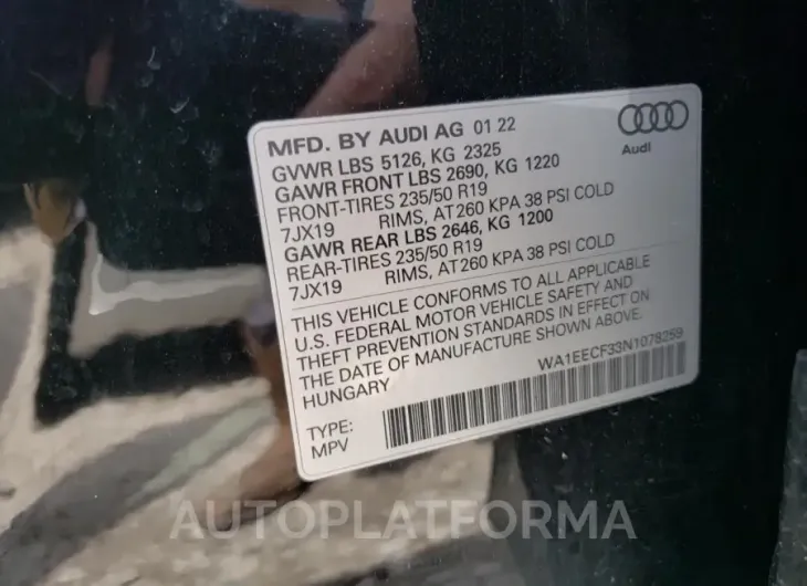 AUDI Q3 PREMIUM 2022 vin WA1EECF33N1078259 from auto auction Copart