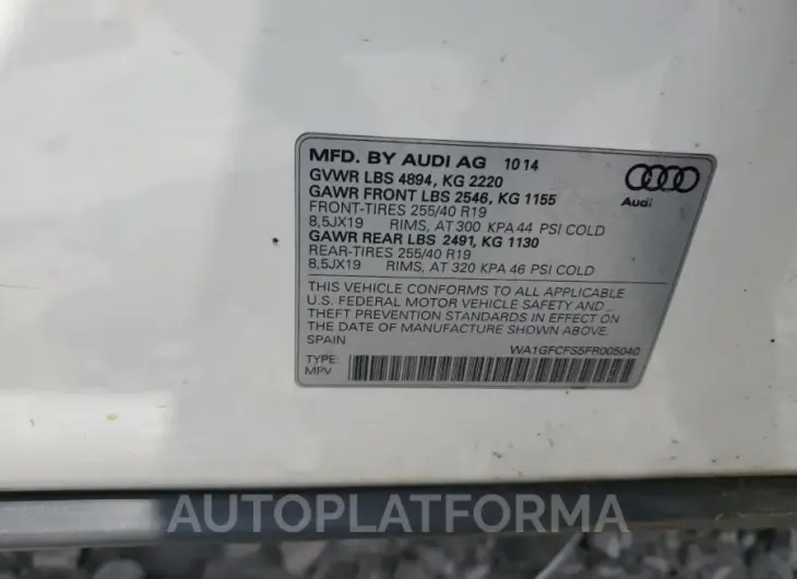 AUDI Q3 PRESTIG 2015 vin WA1GFCFS5FR005040 from auto auction Copart