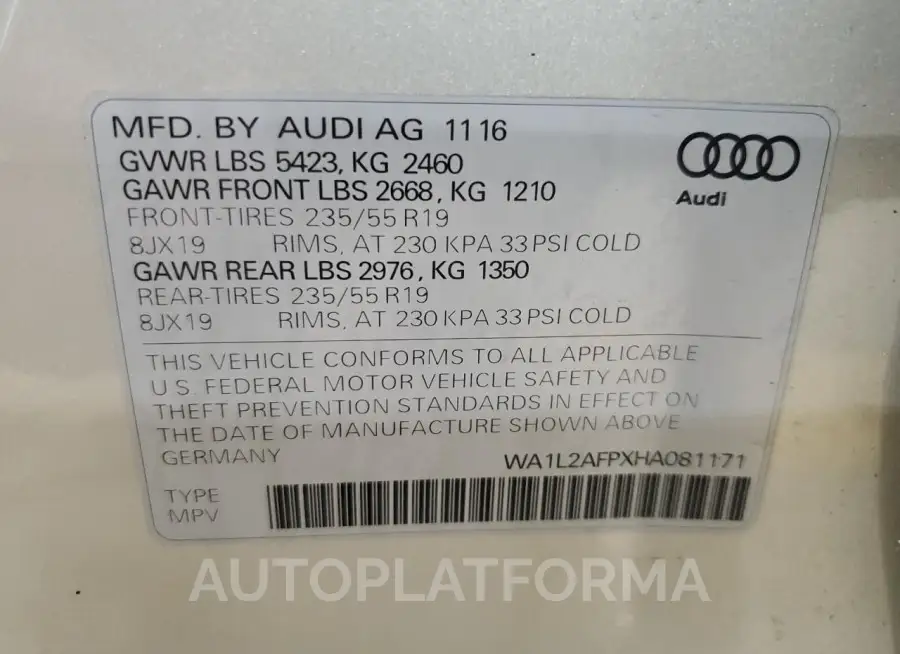 AUDI Q5 PREMIUM 2017 vin WA1L2AFPXHA081171 from auto auction Copart