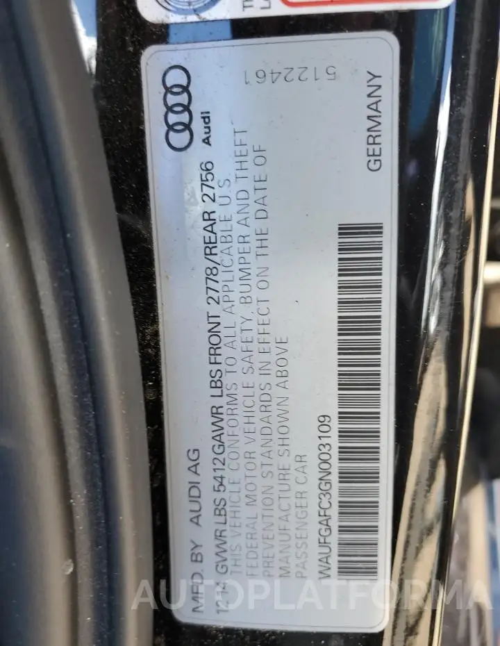 AUDI A6 PREMIUM 2016 vin WAUFGAFC3GN003109 from auto auction Copart