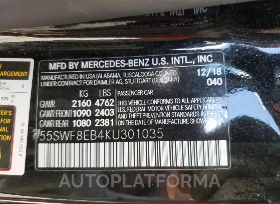 MERCEDES-BENZ C 300 4MAT 2019 vin 55SWF8EB4KU301035 from auto auction Copart