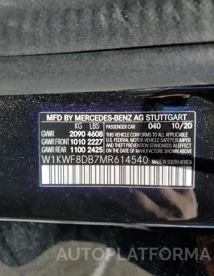 MERCEDES-BENZ C 300 2021 vin W1KWF8DB7MR614540 from auto auction Copart