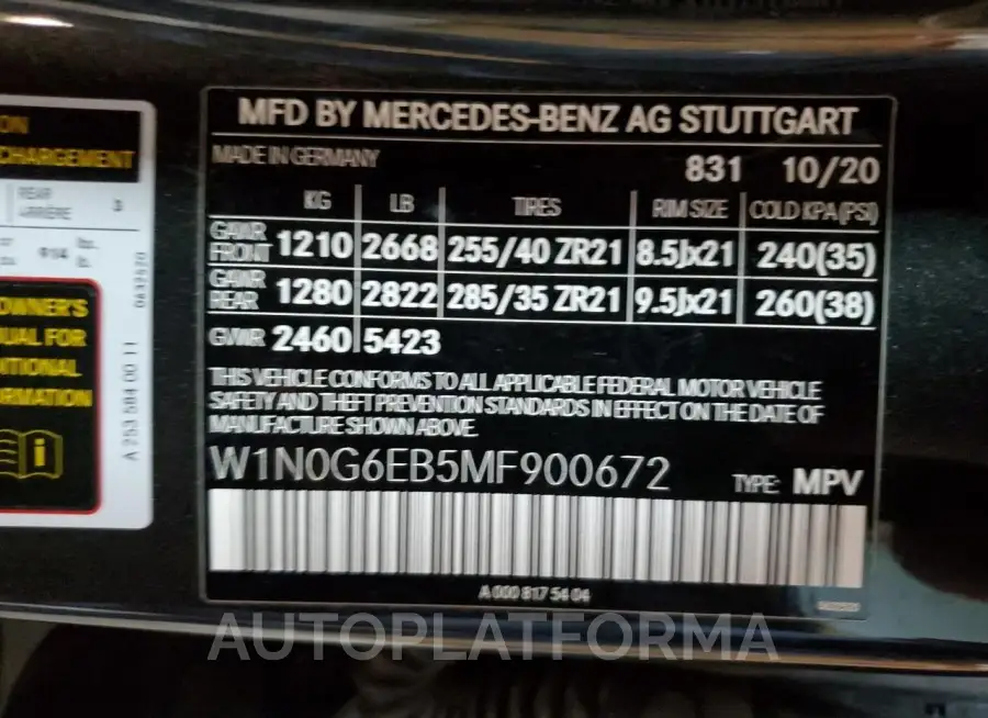 MERCEDES-BENZ GLC 43 4MA 2021 vin W1N0G6EB5MF900672 from auto auction Copart