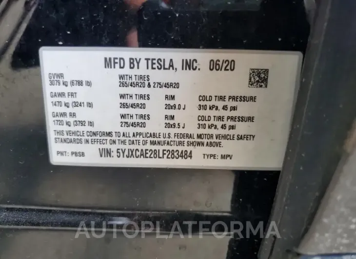 TESLA MODEL X 2020 vin 5YJXCAE28LF283484 from auto auction Copart