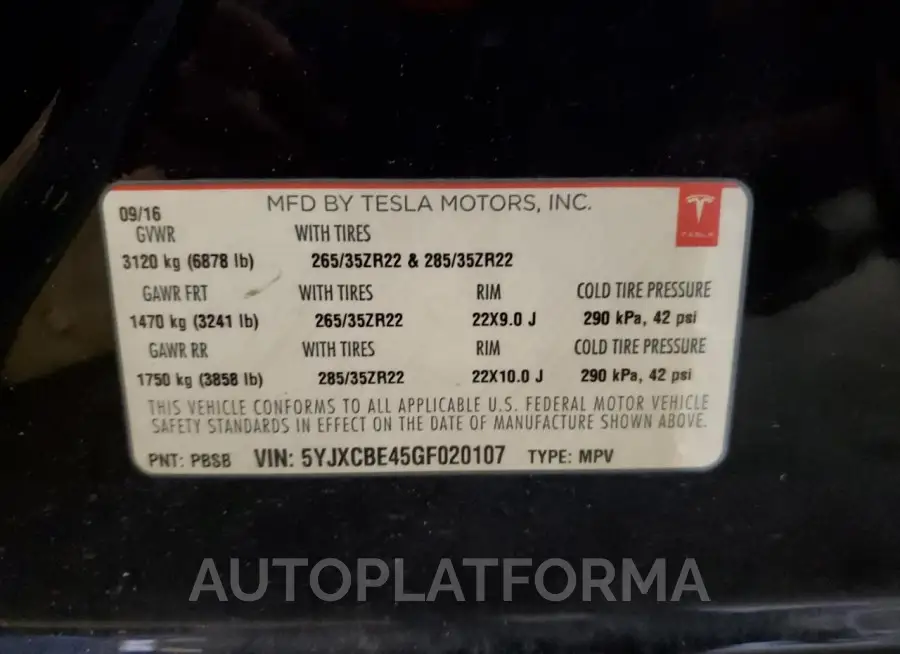 TESLA MODEL X 2016 vin 5YJXCBE45GF020107 from auto auction Copart