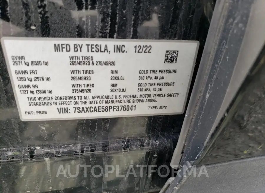 TESLA MODEL X 2023 vin 7SAXCAE58PF376041 from auto auction Copart