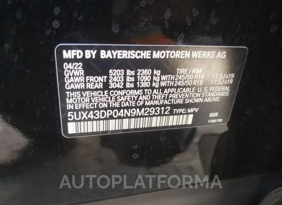 BMW X3 SDRIVE3 2022 vin 5UX43DP04N9M29312 from auto auction Copart