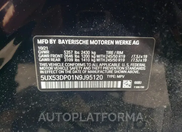 BMW X3 XDRIVE3 2022 vin 5UX53DP01N9J95120 from auto auction Copart