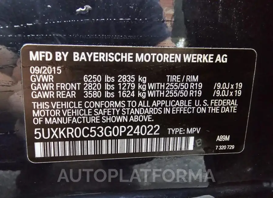 BMW X5 XDRIVE3 2016 vin 5UXKR0C53G0P24022 from auto auction Copart