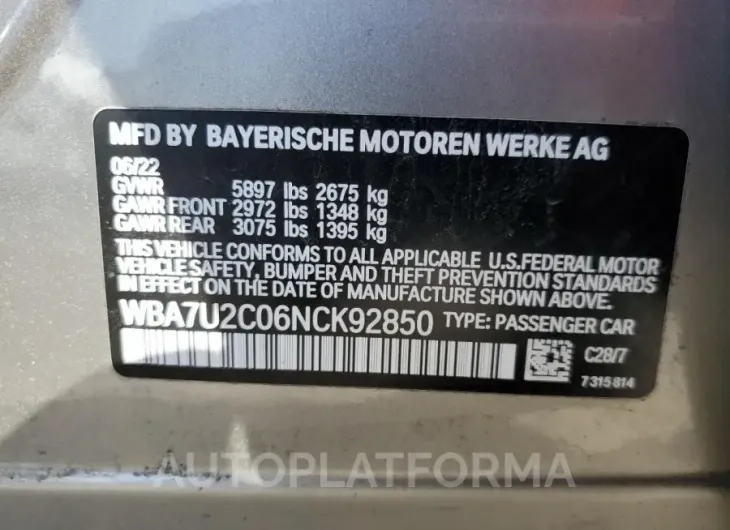 BMW 750 XI 2022 vin WBA7U2C06NCK92850 from auto auction Copart