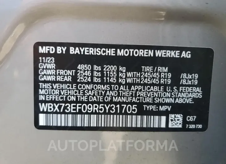 BMW X1 XDRIVE2 2024 vin WBX73EF09R5Y31705 from auto auction Copart