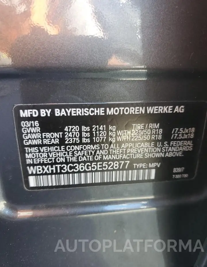 BMW X1 XDRIVE2 2016 vin WBXHT3C36G5E52877 from auto auction Copart