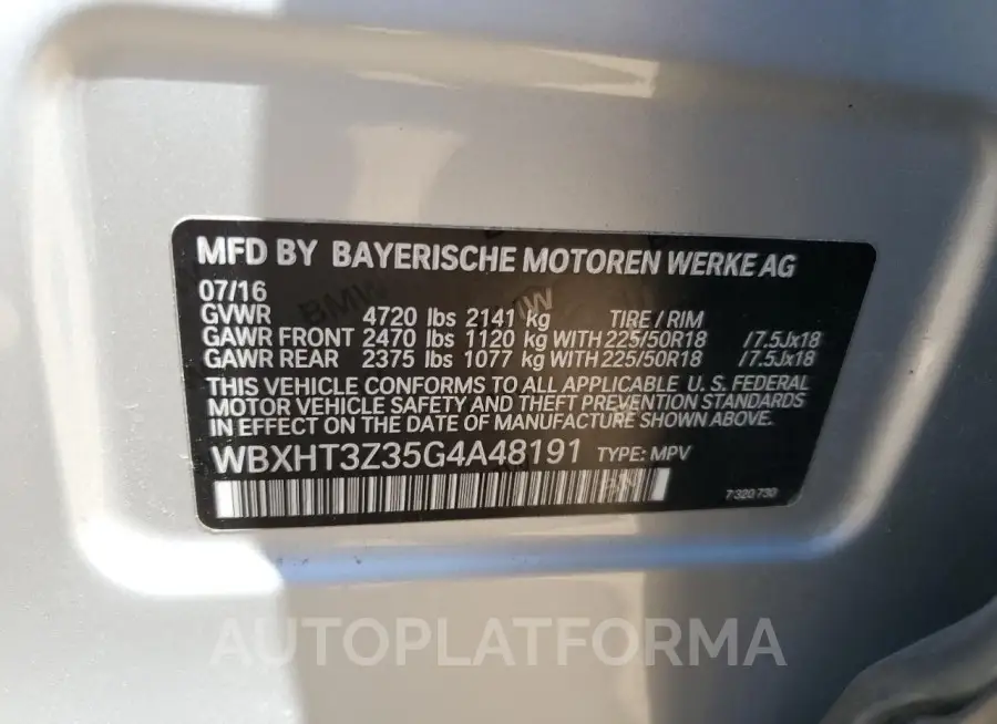 BMW X1 XDRIVE2 2016 vin WBXHT3Z35G4A48191 from auto auction Copart