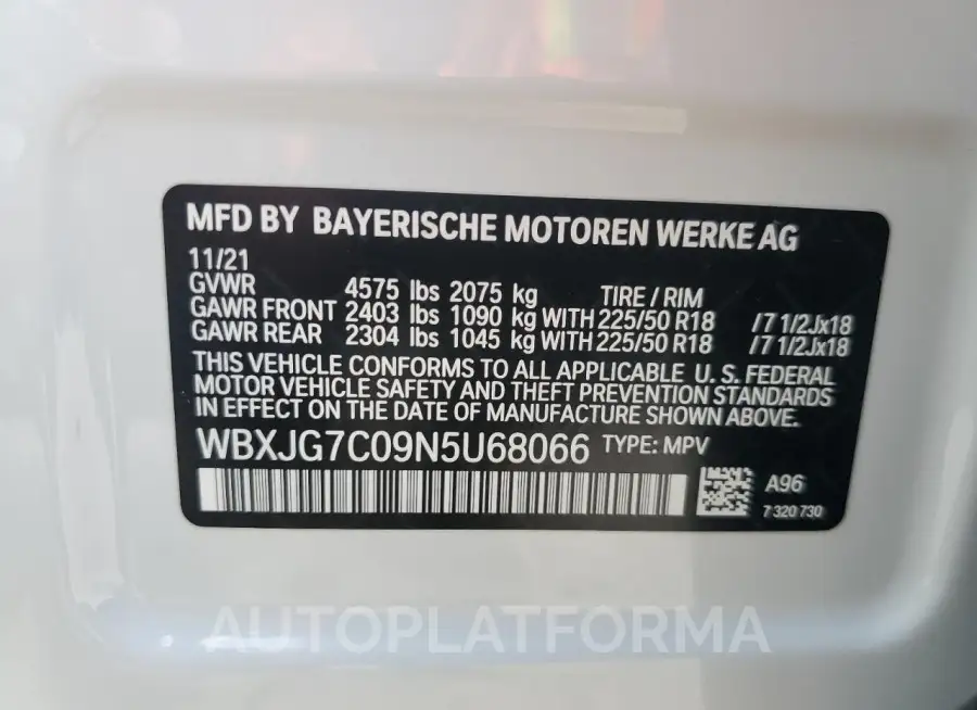 BMW X1 SDRIVE2 2022 vin WBXJG7C09N5U68066 from auto auction Copart