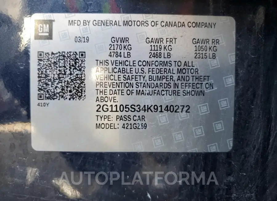 CHEVROLET IMPALA PRE 2019 vin 2G1105S34K9140272 from auto auction Copart