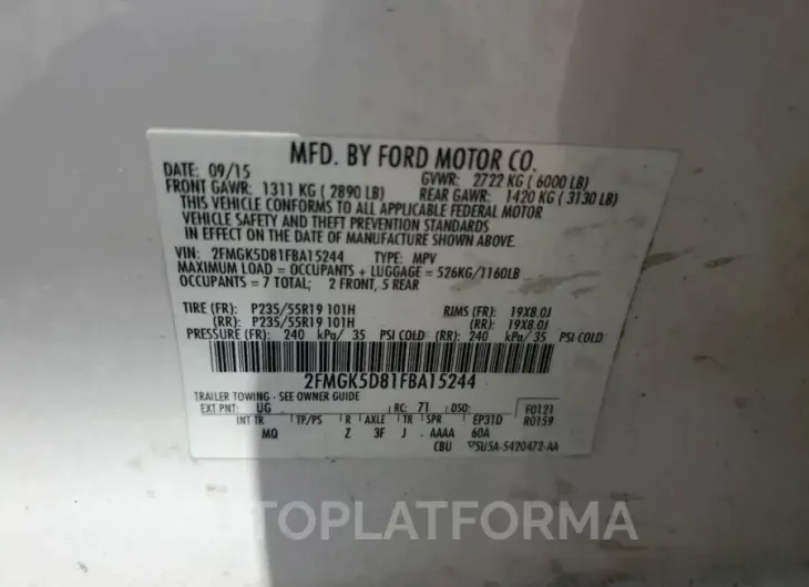 FORD FLEX LIMIT 2015 vin 2FMGK5D81FBA15244 from auto auction Copart