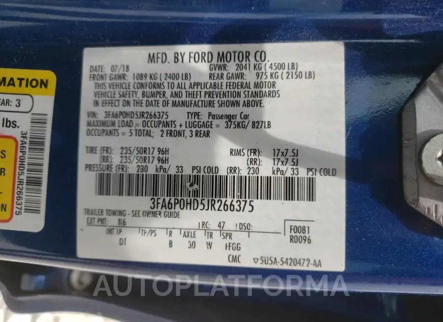 FORD FUSION SE 2018 vin 3FA6P0HD5JR266375 from auto auction Copart