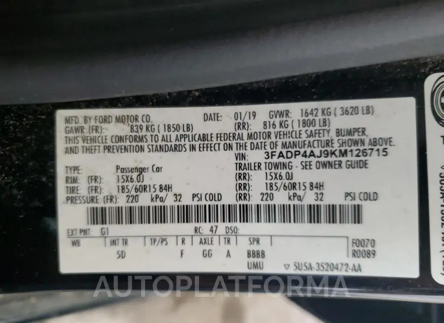 FORD FIESTA S 2019 vin 3FADP4AJ9KM126715 from auto auction Copart