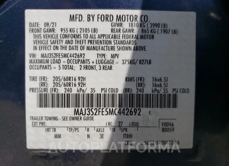 FORD ECOSPORT S 2021 vin MAJ3S2FE5MC442692 from auto auction Copart