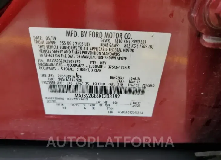 FORD ECOSPORT S 2019 vin MAJ3S2GE6KC303182 from auto auction Copart