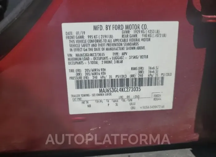 FORD ECOSPORT S 2019 vin MAJ6S3GL4KC273035 from auto auction Copart