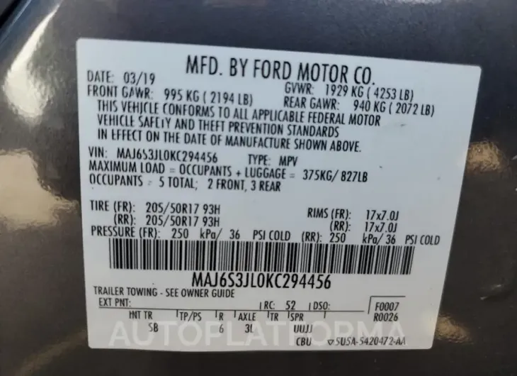 FORD ECOSPORT S 2019 vin MAJ6S3JL0KC294456 from auto auction Copart