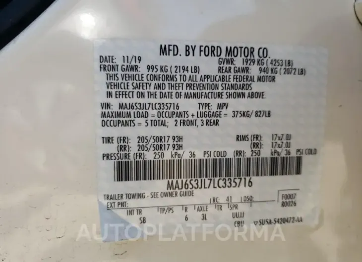 FORD ECOSPORT S 2020 vin MAJ6S3JL7LC335716 from auto auction Copart