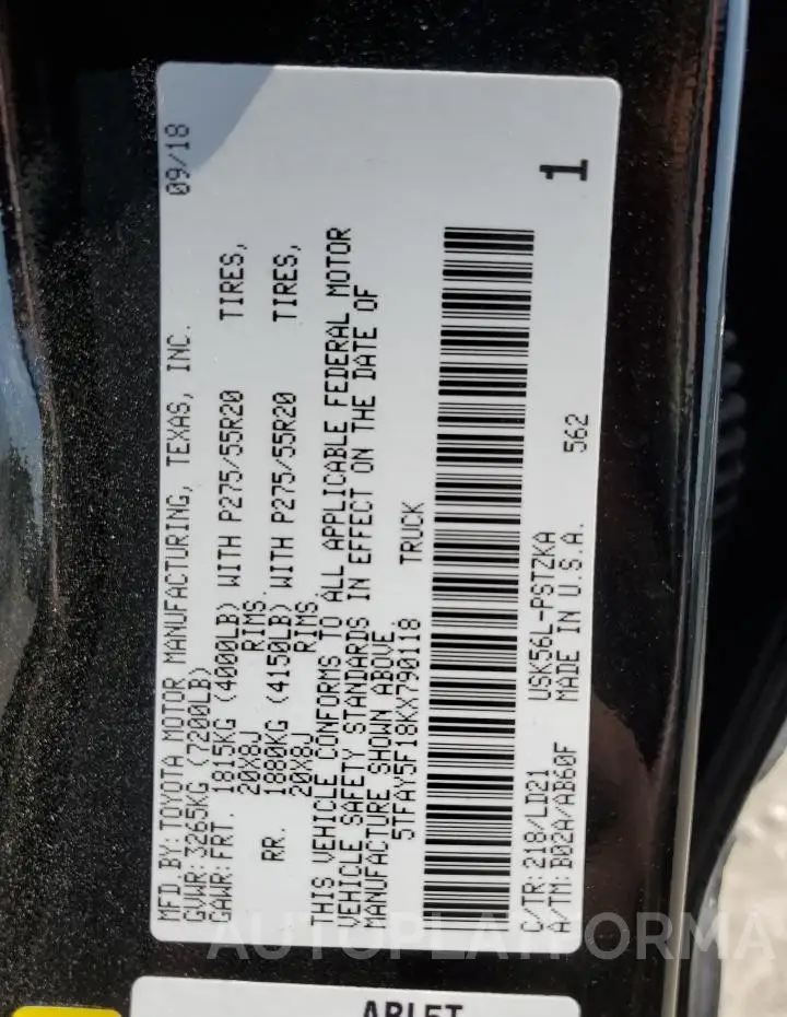 TOYOTA TUNDRA CRE 2019 vin 5TFAY5F18KX790118 from auto auction Copart