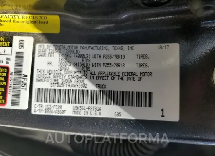 TOYOTA TUNDRA CRE 2018 vin 5TFDW5F19JX693902 from auto auction Copart