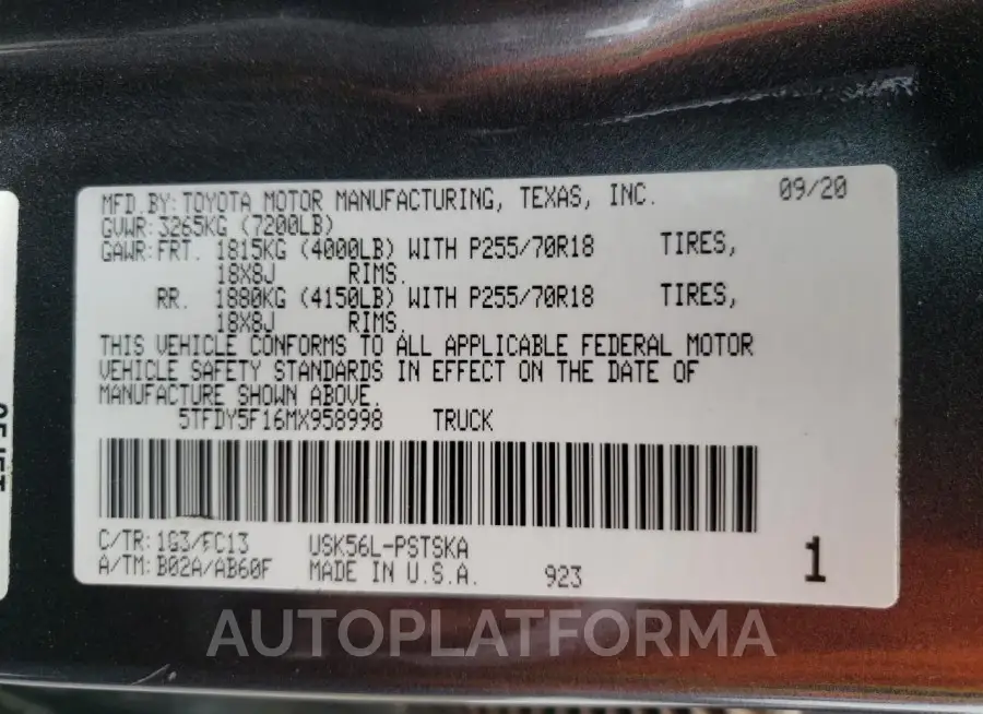 TOYOTA TUNDRA CRE 2021 vin 5TFDY5F16MX958998 from auto auction Copart